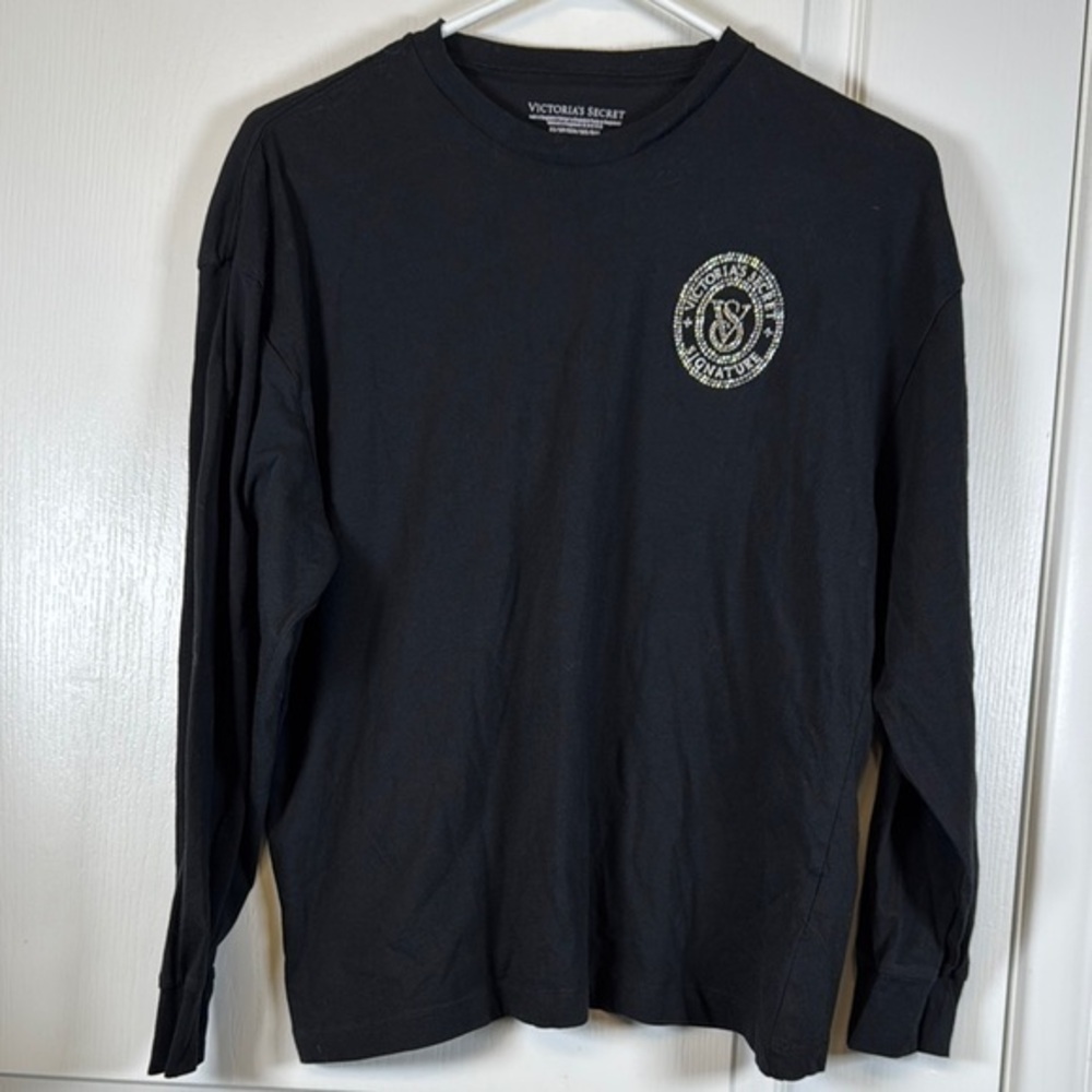 Victoria's Secret Black Bling Signature Logo Oversize LS Shirt Size XS EUC #2964